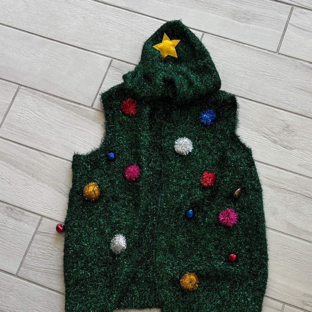 Truly vintage ugly Christmas sweater- zip up vest with star tree topper hood